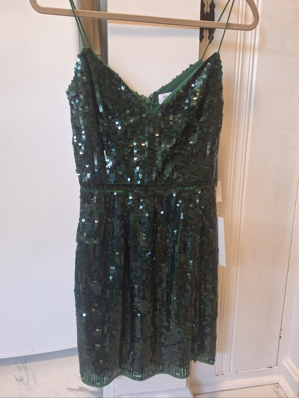 Mac Duggal Emerald Green Sequin Spaghetti Strap Mini Dress